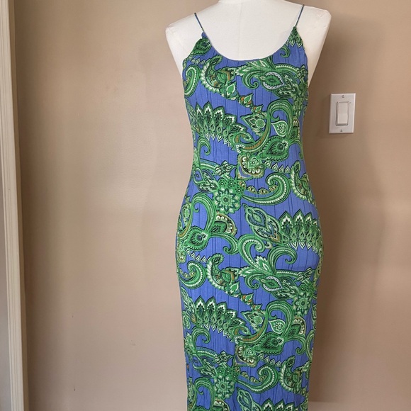 Alice + Olivia Green and Blue Paisley Slip Midi Dress - Picture 2 of 7